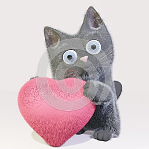 3D rendering of cute cartoon kitten with red heart