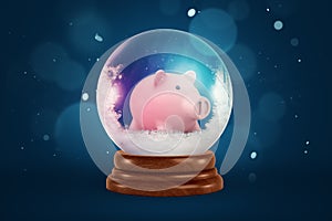 3d rendering of a cute pink piggy bank inside a glass ball with snowy floor.