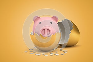 3d rendering of cute pink piggy bank that just hatched out from golden egg.