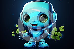 3d rendering of a cute robot character with headphones isolated on dark blue background