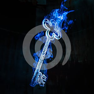 3D Rendering of a Cyber Key Burns up in a Blue Fire Flame