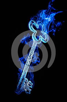 3D Rendering of a Cyber Key Burns up in a Blue Fire Flame