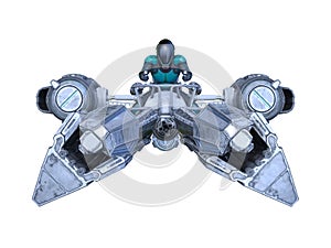 3D rendering of a cyber man riding the spaceship