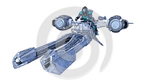 3D rendering of a cyber man riding the spaceship