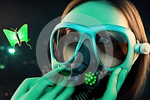 3D rendering a cyberpunk girl in futuristic gas mask with protective green glasses and filters in jacket