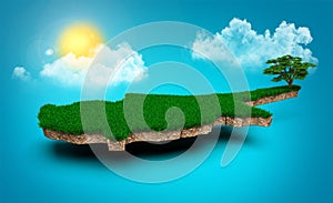 3D rendering of the Cyprus map soil land geology cross section with grass and rock ground texture