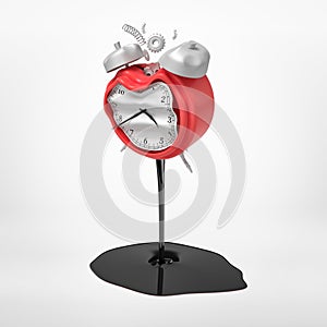 3d rendering of damaged silver red alarm clock with black thick liquid spill isolated on white background