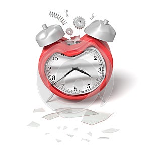 3d rendering of damaged silver red alarm clock isolated on white background