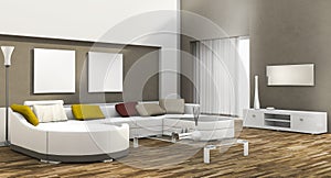 3d rendering day light colorful living room with parquet floor