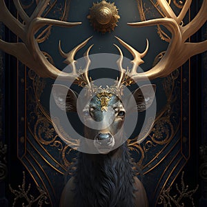 3d rendering of a deer with golden antlers on a vintage background