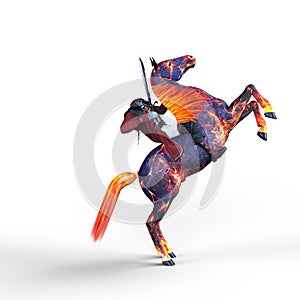 3D rendering of a demon headless horseman holding a sword on a ghostly burning horse isolated on a white background