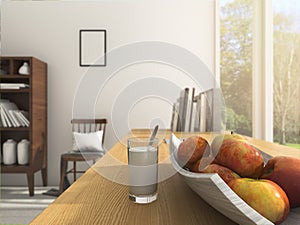 3d rendering depth of field apple and milk on working table in summer morning