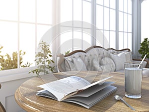 3d rendering depth of field book and glass of milk in bright white room with sun glare near the garden