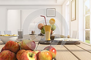 3d rendering depth of field nice breakfast and meal in summer on wood table