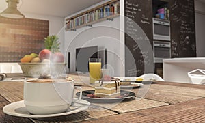 3d rendering depth of field nice coffee set and cake on wooden table with sun glare