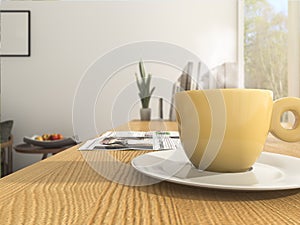 3d rendering depth of field yellow coffee cup with some white smoke on the wood working table