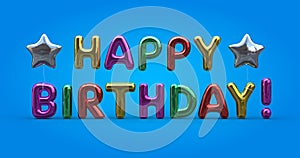 3d rendering design of a happy birthday banner with colorful balloons on a blue background