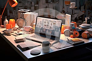 3d rendering of a desktop with a laptop and some office items, 3d render of working space with computer, laptop, coffee cup and