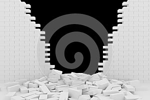 3D rendering Destruction of a white brick wall on black background