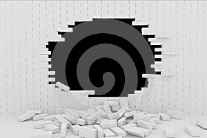 3D rendering Destruction of a white brick wall on black background