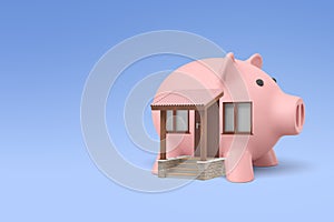 3d rendering of a detached house with front porch in the shape of a piggy bank.