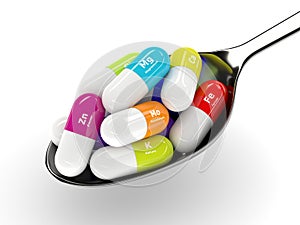 3d rendering of dietary supplements on spoon isolated over white