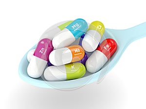 3d rendering of dietary supplements on spoon isolated over white