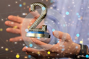 3D rendering of a digital number 2 with hand touching it from the background