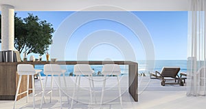 3d rendering dining bar in small villa near beautiful beach and sea at noon with blue sky