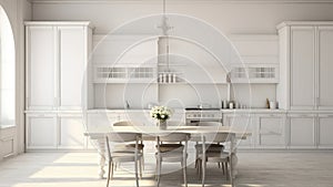 3D rendering of a dining room table set with wooden chairs.