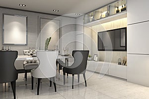 3d rendering dining room with tv console set decor