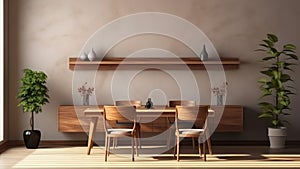 3D rendering of a dining room with a wooden table and upholstery chairs.