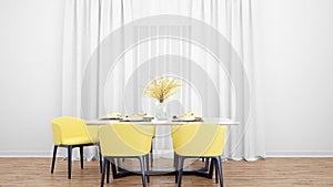 3D rendering of a dining room with yellow chars on a wooden floor against a white curtain