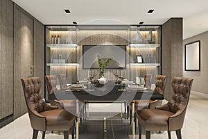 3d rendering dining set in modern luxury brown dining room