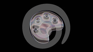 3D rendering of distorted transparent soap bubble in shape of symbol of palette isolated on black background