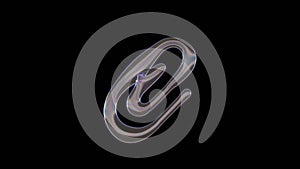 3D rendering of distorted transparent soap bubble in shape of symbol of paperclip isolated on black background