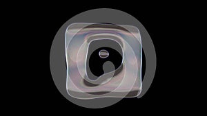 3D rendering of distorted transparent soap bubble in shape of symbol of parking isolated on black background