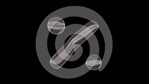 3D rendering of distorted transparent soap bubble in shape of symbol of percentage isolated on black background