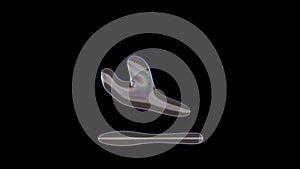 3D rendering of distorted transparent soap bubble in shape of symbol of plane arrival isolated on black background