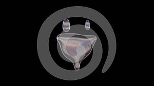 3D rendering of distorted transparent soap bubble in shape of symbol of plug isolated on black background
