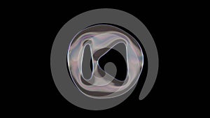 3D rendering of distorted transparent soap bubble in shape of symbol of previous isolated on black background