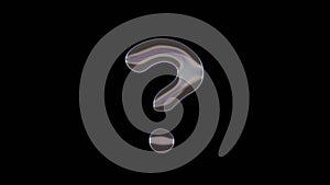 3D rendering of distorted transparent soap bubble in shape of symbol of question isolated on black background