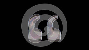 3D rendering of distorted transparent soap bubble in shape of symbol of quote left isolated on black background