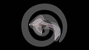 3D rendering of distorted transparent soap bubble in shape of symbol of reply isolated on black background