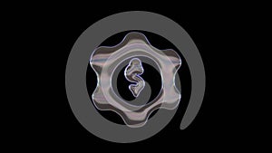 3D rendering of distorted transparent soap bubble in shape of symbol of setting isolated on black background