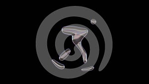 3D rendering of distorted transparent soap bubble in shape of symbol of skating isolated on black background