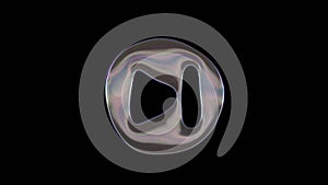 3D rendering of distorted transparent soap bubble in shape of symbol of skip isolated on black background