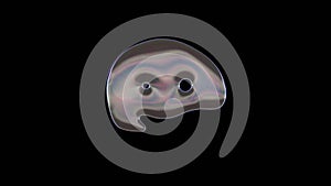 3D rendering of distorted transparent soap bubble in shape of symbol of smile isolated on black background