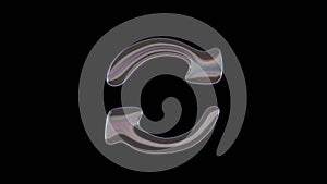 3D rendering of distorted transparent soap bubble in shape of symbol of sync alt isolated on black background
