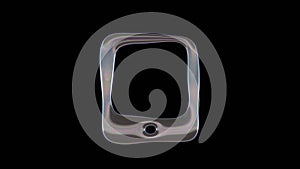 3D rendering of distorted transparent soap bubble in shape of symbol of tablet alt isolated on black background